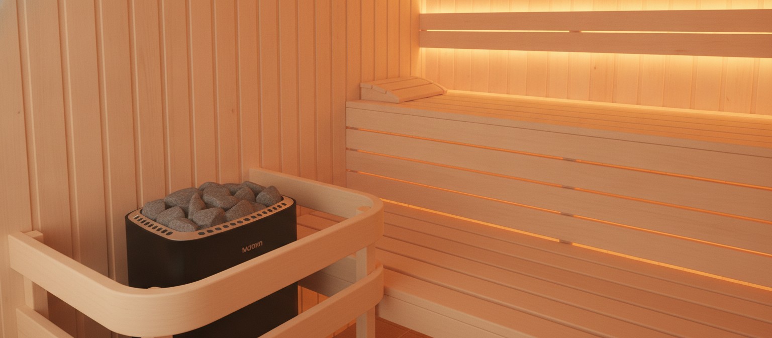 Electric sauna heater with stones showing safety clearances from wooden benches
