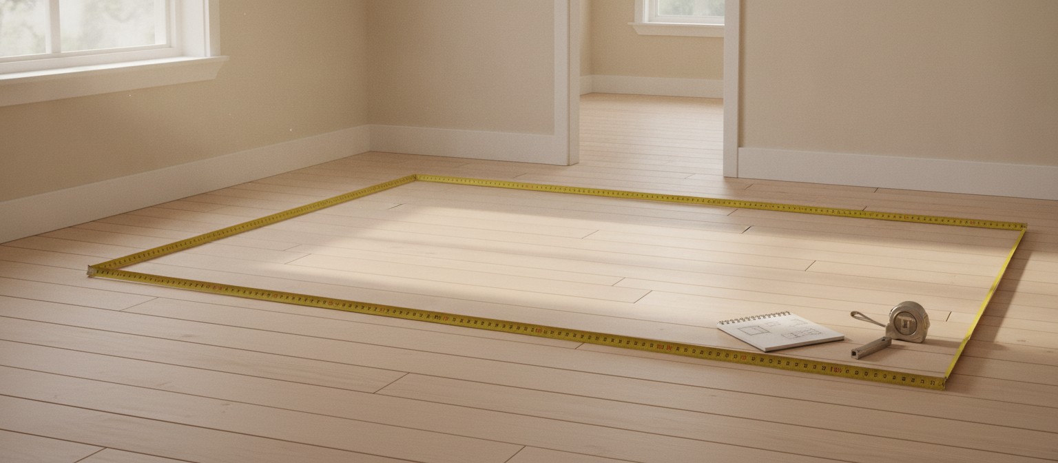 Measuring tape on floor marking home sauna installation space with doorway clearance