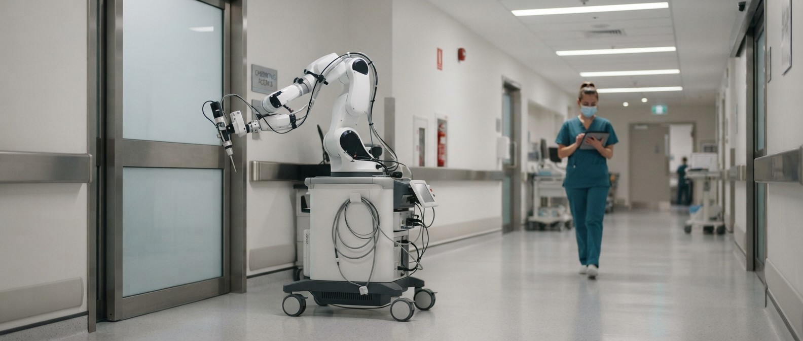 A robotic surgical assistant arm on a wheeled base in a hospital corridor, with a nurse reviewing a tablet in the background.