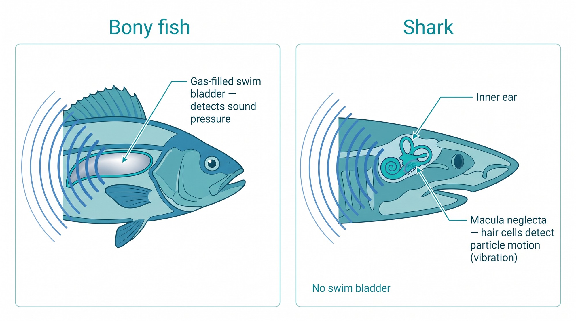 Diagram comparing how bony fish and sharks detect underwater sound, showing a bony fish's gas-filled swim bladder and a shark's inner ear with the macula neglecta
