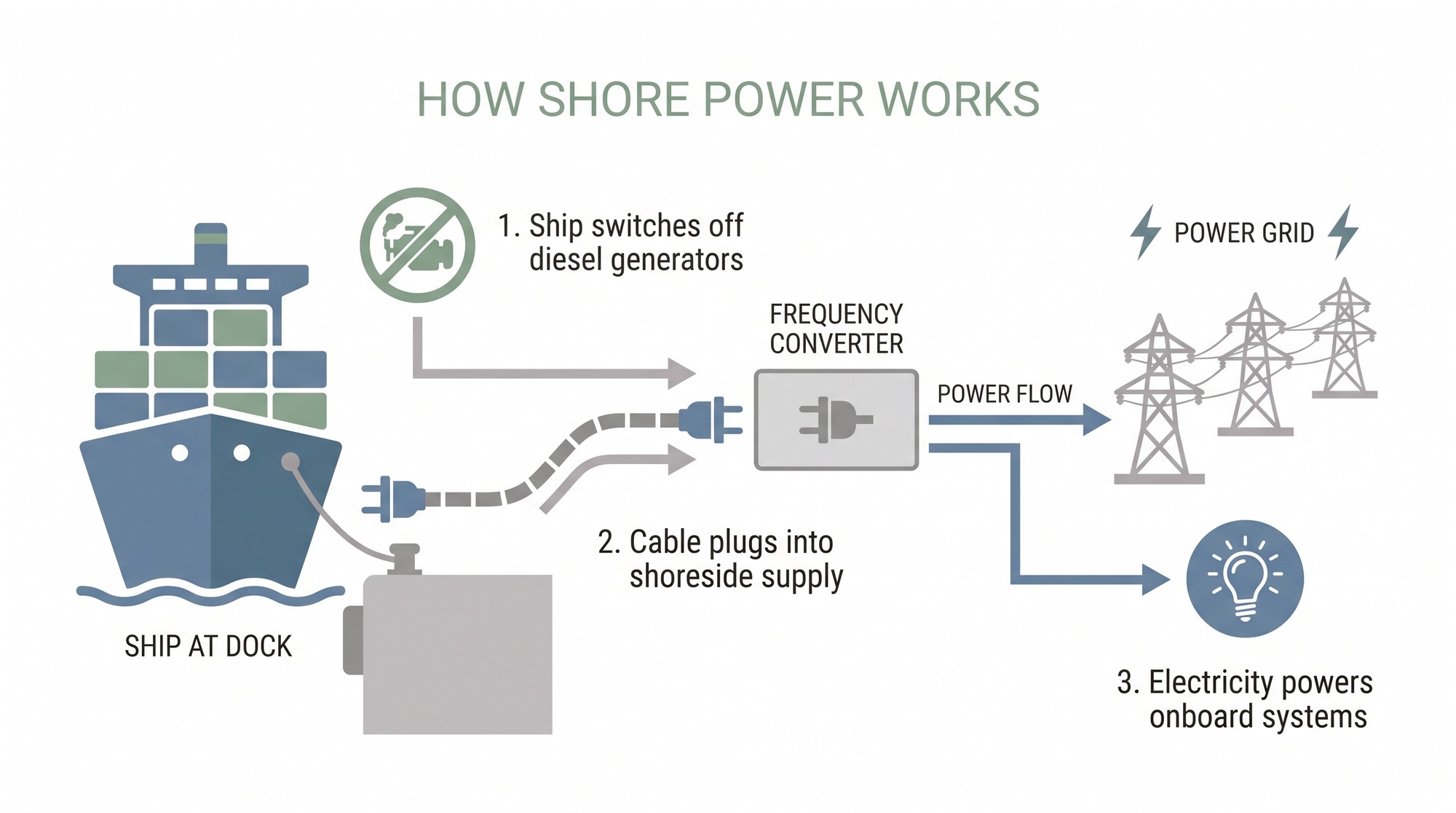 Diagram showing a ship connecting to shoreside electricity through a frequency converter to the power grid