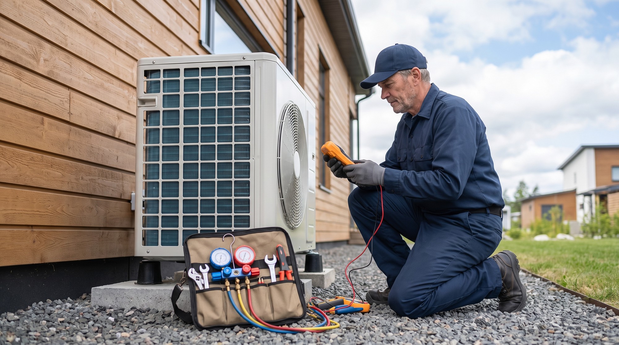 HVAC technician using a multimeter to service an outdoor heat pump unit