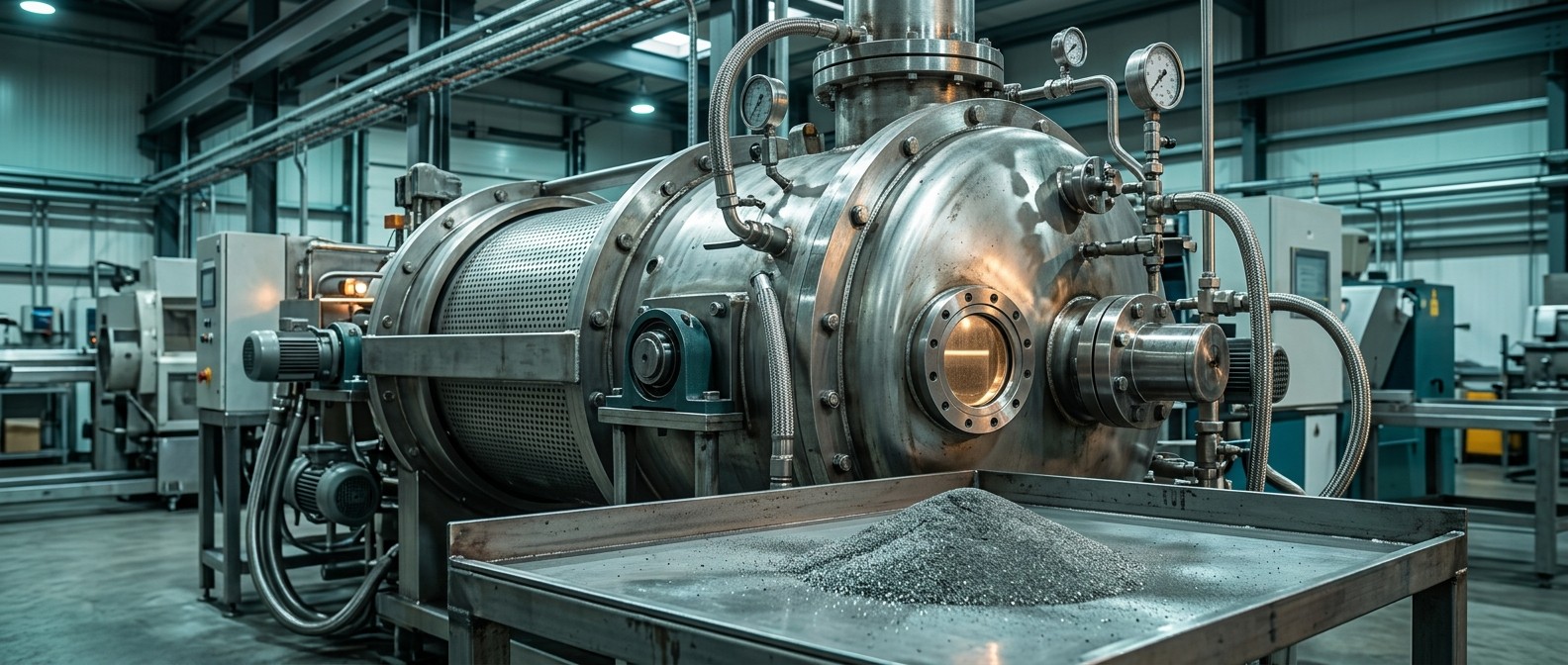 Stainless steel hydrogen processing vessel with a perforated drum in a magnet recycling plant, with fine grey alloy powder in the foreground