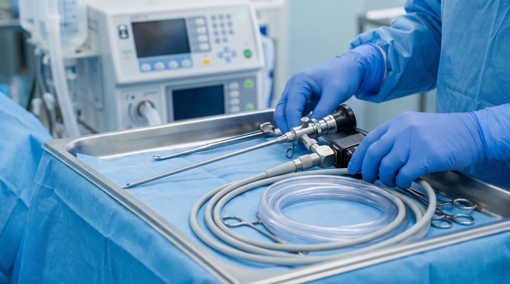 Sterile hysteroscopy instrument tray with scope, camera head, and irrigation tubing