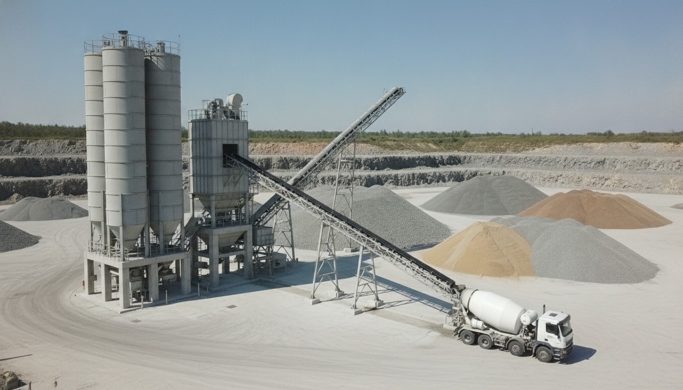Industrial concrete batching plant with mixer trucks illustrating scale-up trials for low-carbon concrete