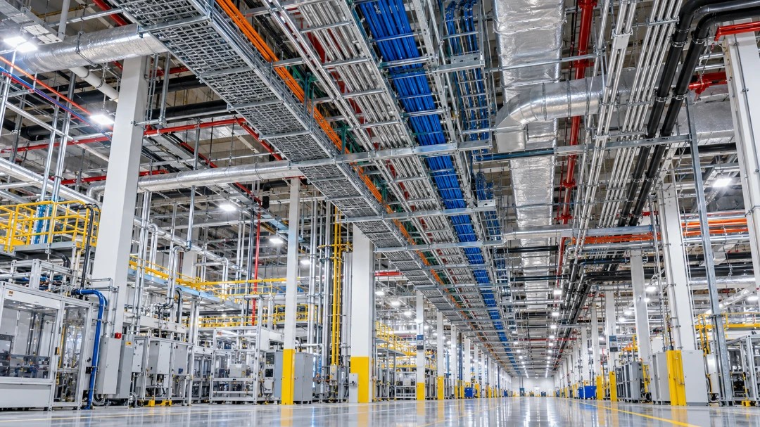 A wide interior view of a modern industrial facility or factory with an intricate overhead network of cable trays, pipes, ducts, and lighting fixtures running across a tall ceiling, above automated machinery and equipment on a clean floor.