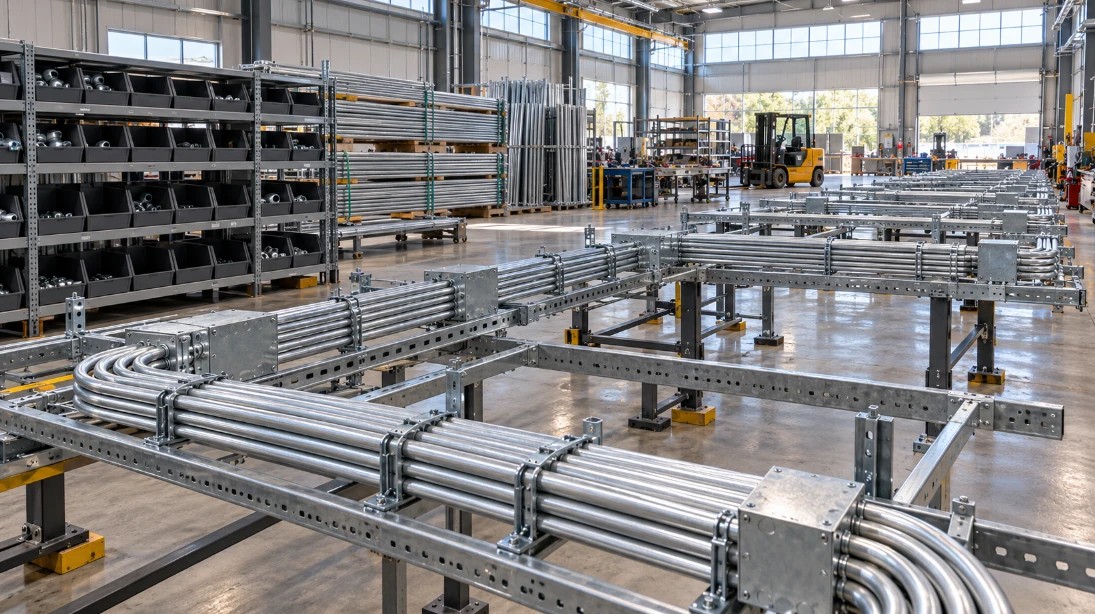 An industrial warehouse interior featuring complex metal conduit pipe assemblies on elevated steel frames, storage shelves with bins on the left, and a forklift in the background.