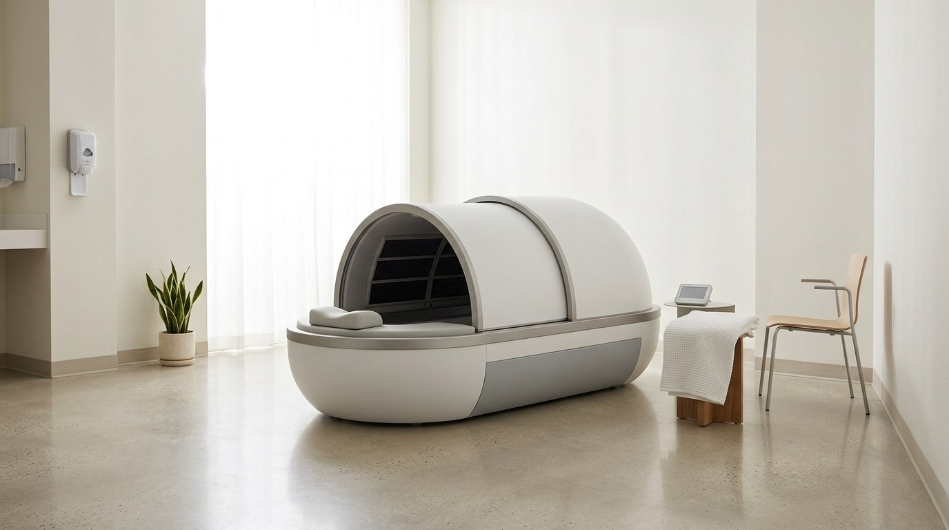 Infrared sauna dome used for whole-body hyperthermia in a bright clinical room