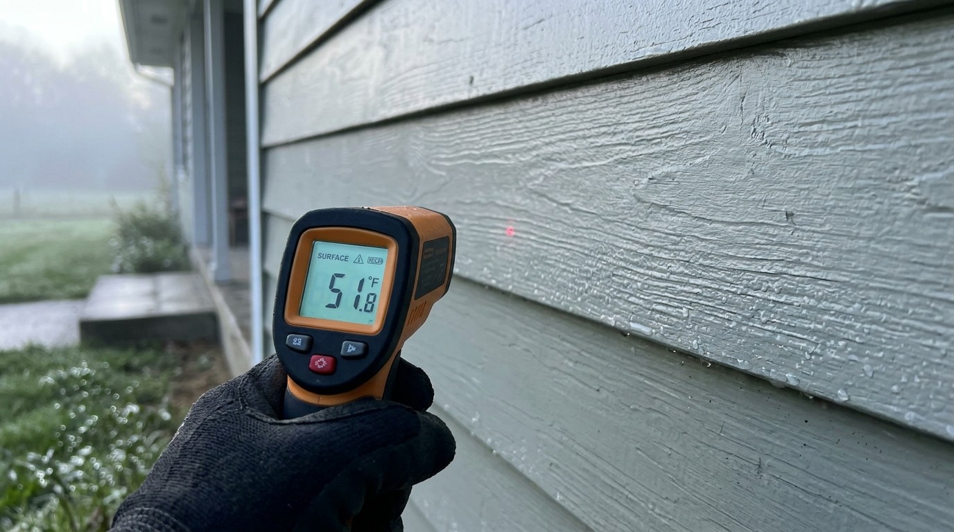 Handheld infrared thermometer checking the surface temperature of damp exterior wood siding at dawn