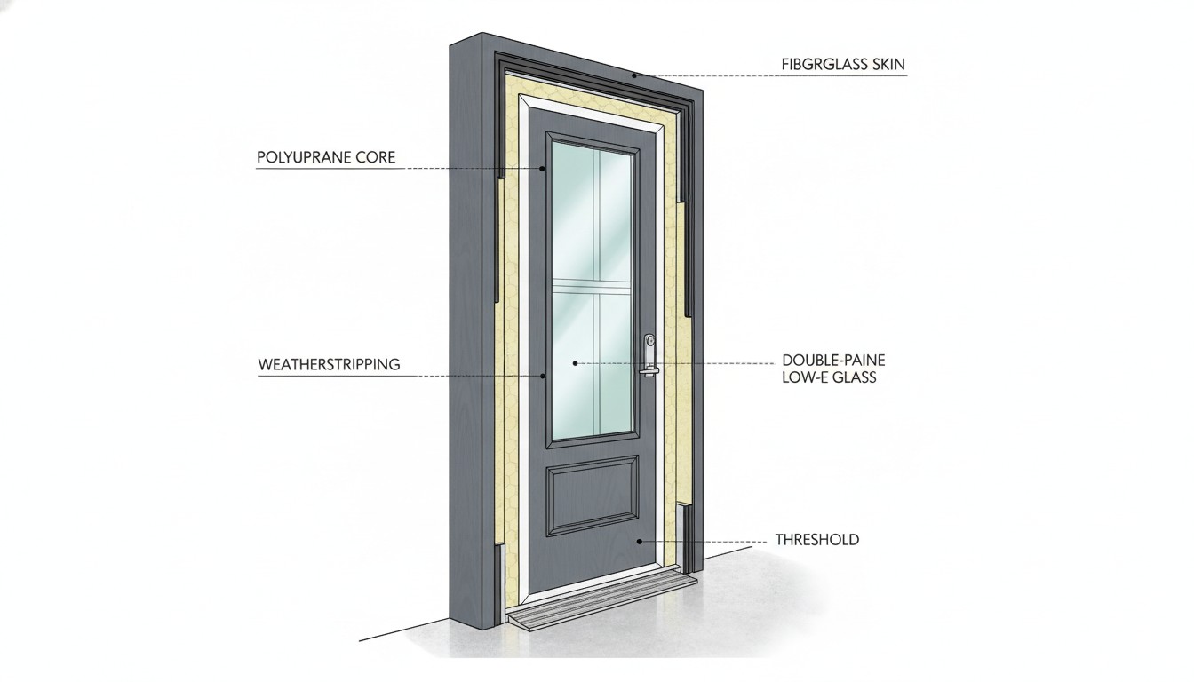 Cross-section diagram of insulated steel door with polyurethane foam core