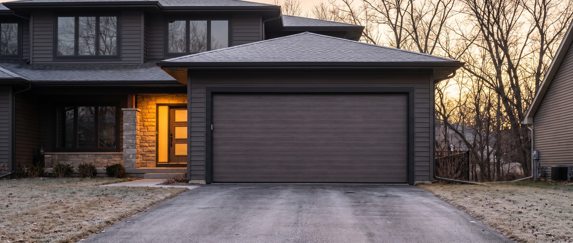 Weather Seals, R-Value and Your Garage: A Tri-State Homeowner’s Guide A modern insulated sectional garage door on a suburban home in late autumn, illustrating how a well-sealed door helps keep a garage comfortable through seasonal weather changes.