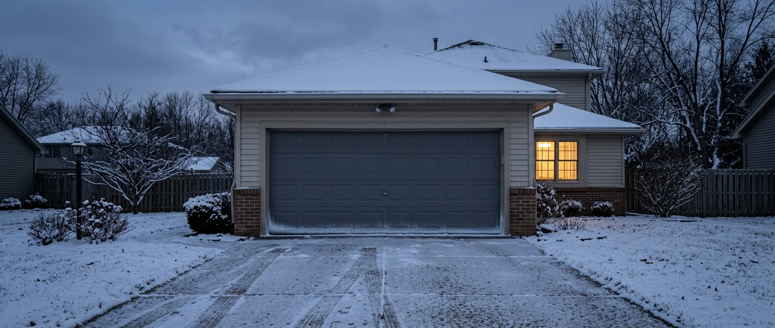 Energy-Efficient Garage Doors for Siouxland’s Cold Winters An insulated charcoal sectional garage door on a Midwest home at dusk, with snow on the driveway and frost along the door's lower edge.