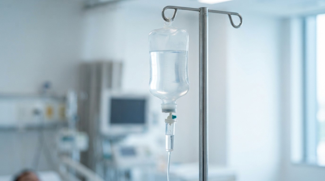 Clear intravenous fluid bag and tubing on an IV stand