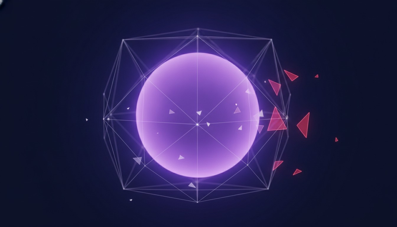 A purple glowing orb of an open-weight AI model encircled by a protective filter grid, representing cyber training data being deliberately filtered out
