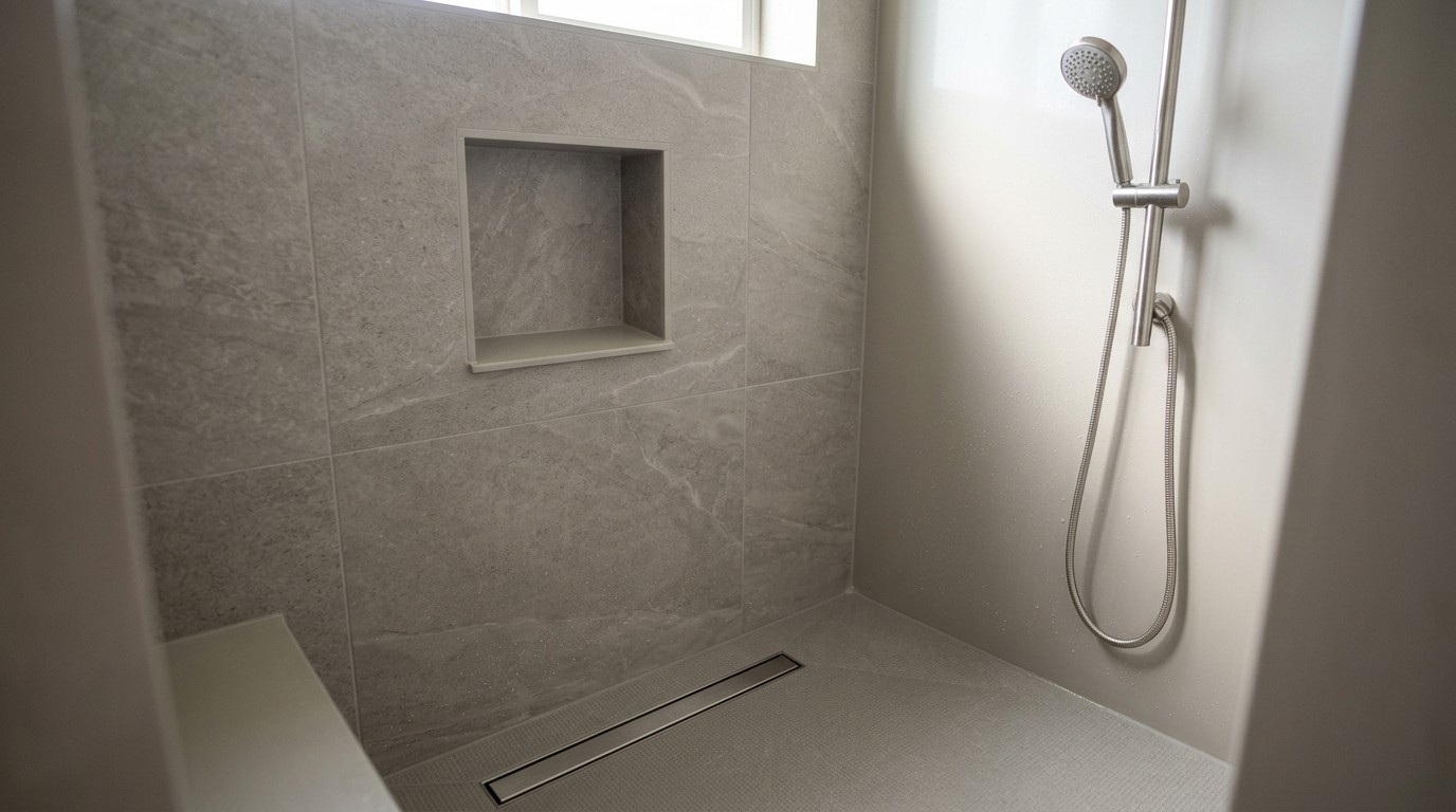 Large-format matte wall tile, a recessed niche, and a linear drain in a shower with fewer grout joints