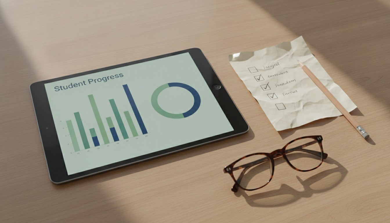 Tablet displaying a student progress dashboard beside a paper checklist