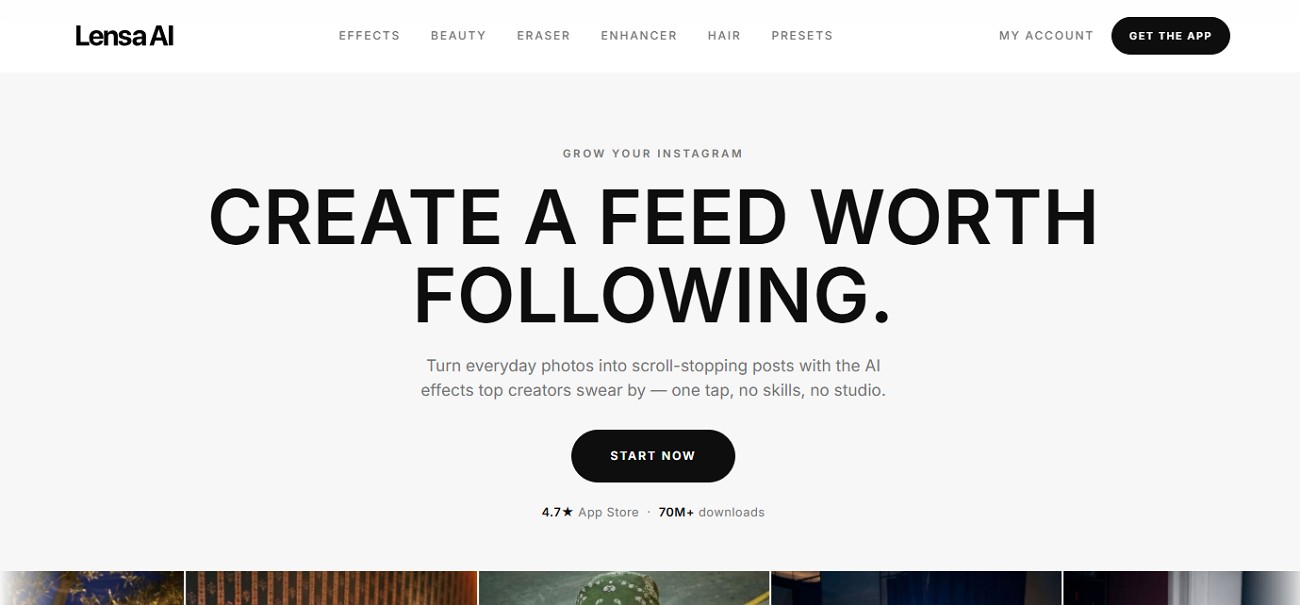 Lensa AI homepage featuring the tagline Create a feed worth following and a start now button.