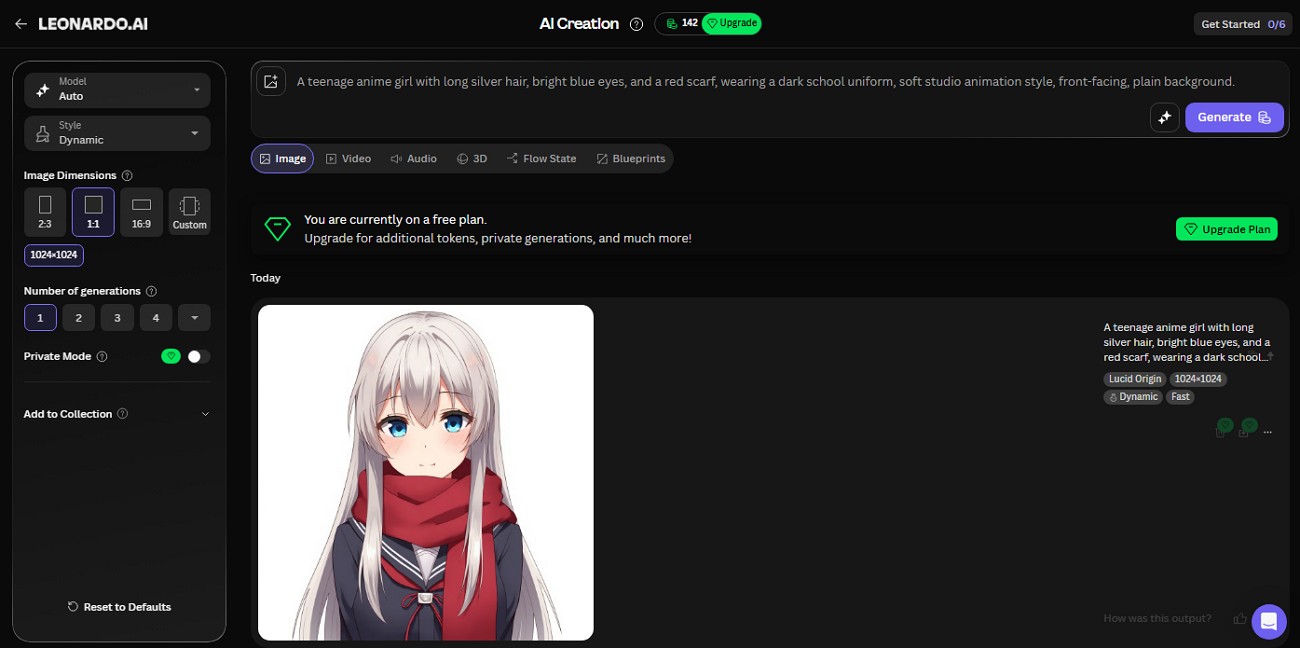 Screenshot of the Leonardo.AI interface displaying a generated anime avatar of a girl with silver hair and a red scarf.