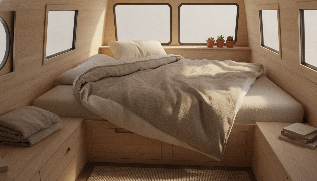 Natural linen and hemp sleeping bag laid open inside a camper van with morning light