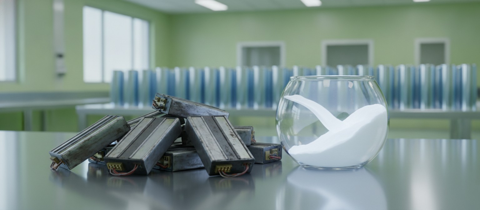 Recycled lithium-ion batteries and recovered lithium carbonate powder representing battery recycling applications