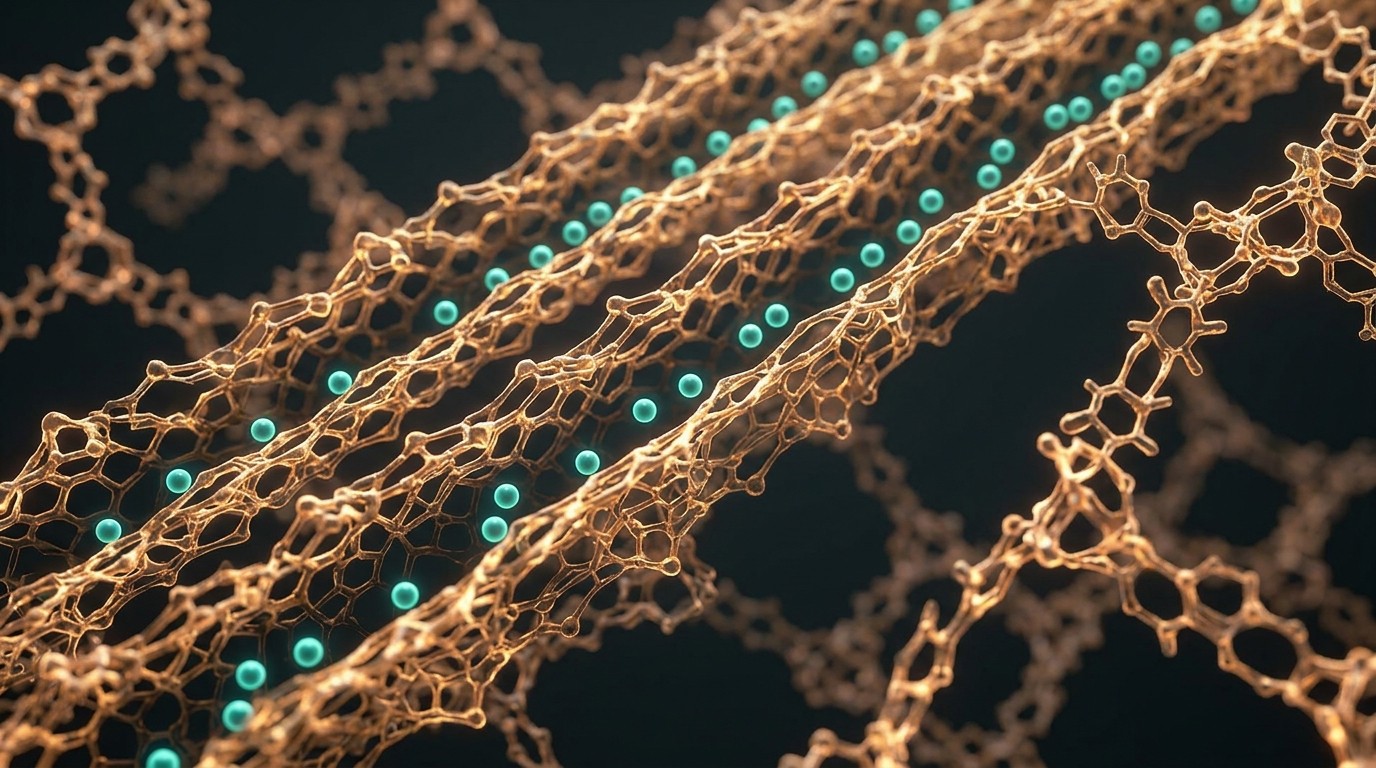 Conceptual illustration of lithium ions moving through the ordered porous channels of a metal-organic framework