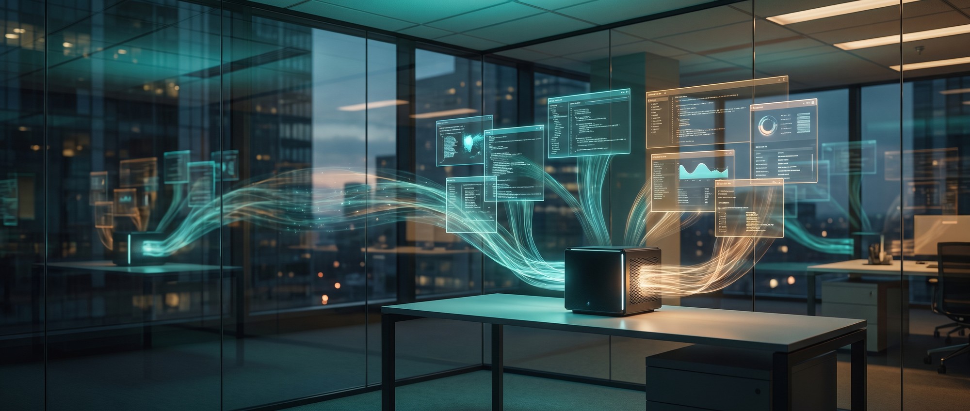 Conceptual visual of a local AI agent running on a deskside supercomputer and connecting to applications