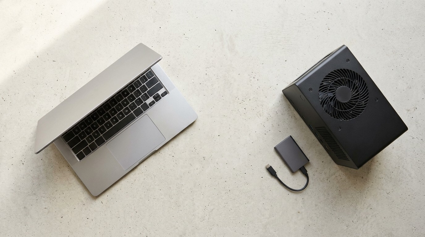 A laptop and a compact desktop GPU workstation side by side, the two main ways to run a local coding model