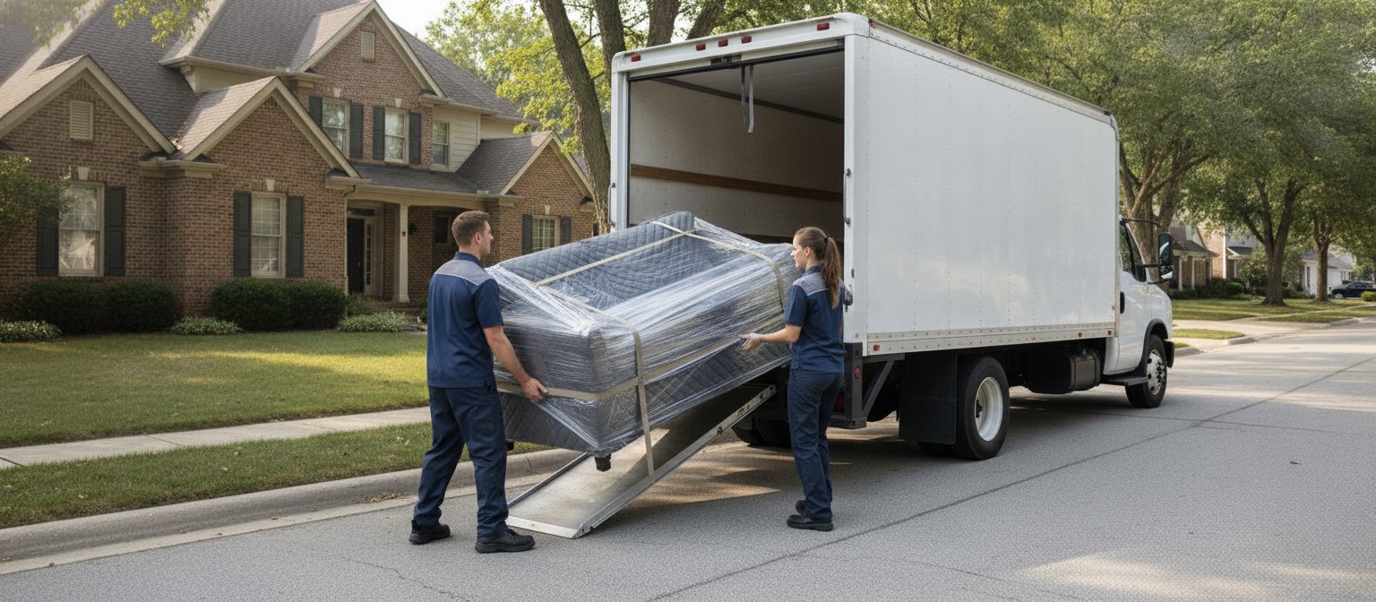 Movers carefully loading furniture into moving truck on residential street