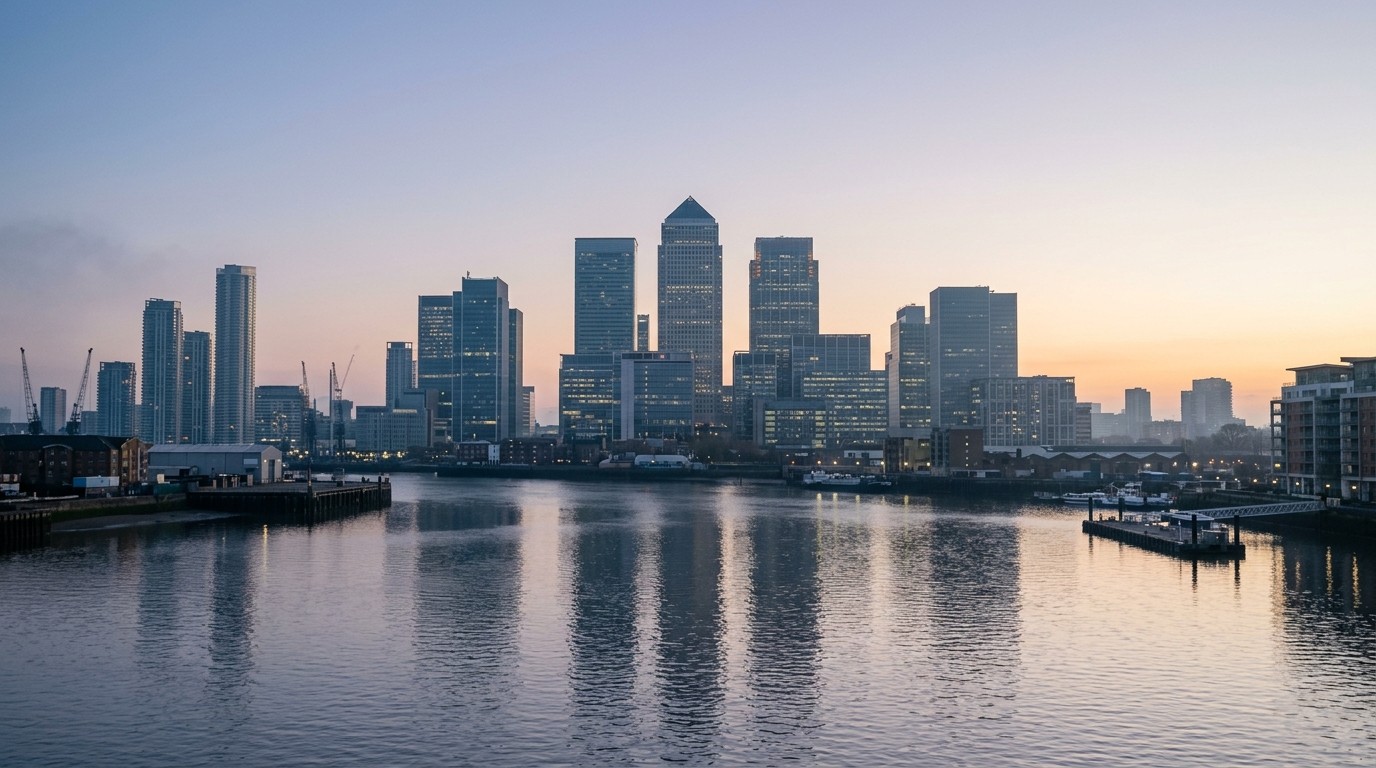 London financial district skyline at dawn across the River Thames
