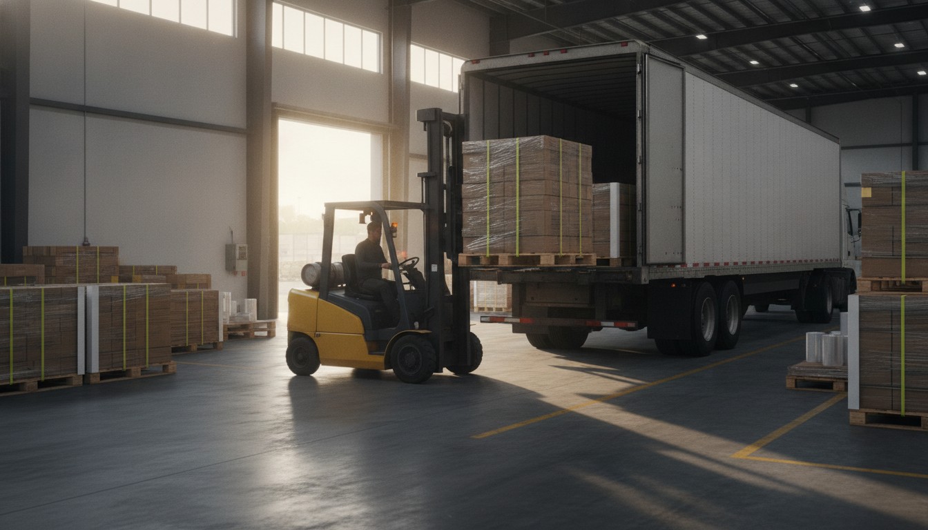 How to Build a Precise LTL Freight Profile Before You Book a Truck Forklift loading a stretch-wrapped pallet of cartons into an LTL freight trailer at a warehouse dock