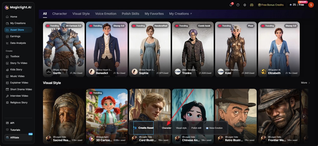 Screenshot of the MagicLight AI Asset Store interface showing the character option selection screen.