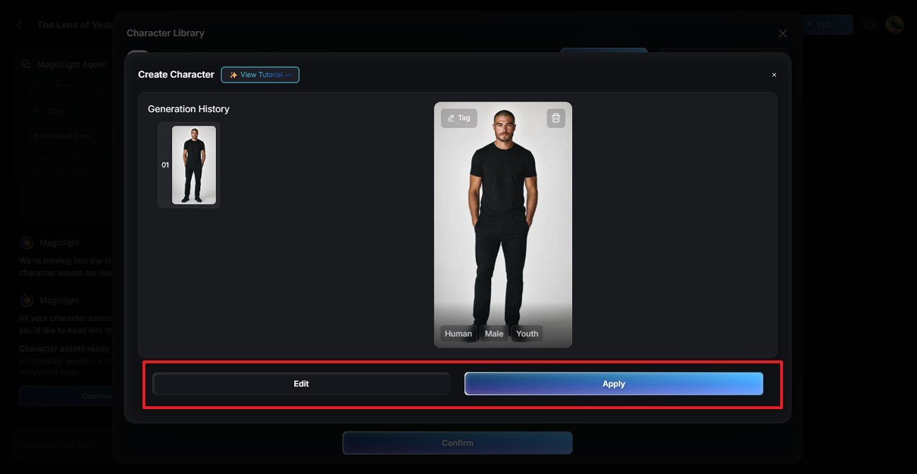 Screenshot of the MagicLight AI character creation interface showing the prompt field, character details, and style model settings.