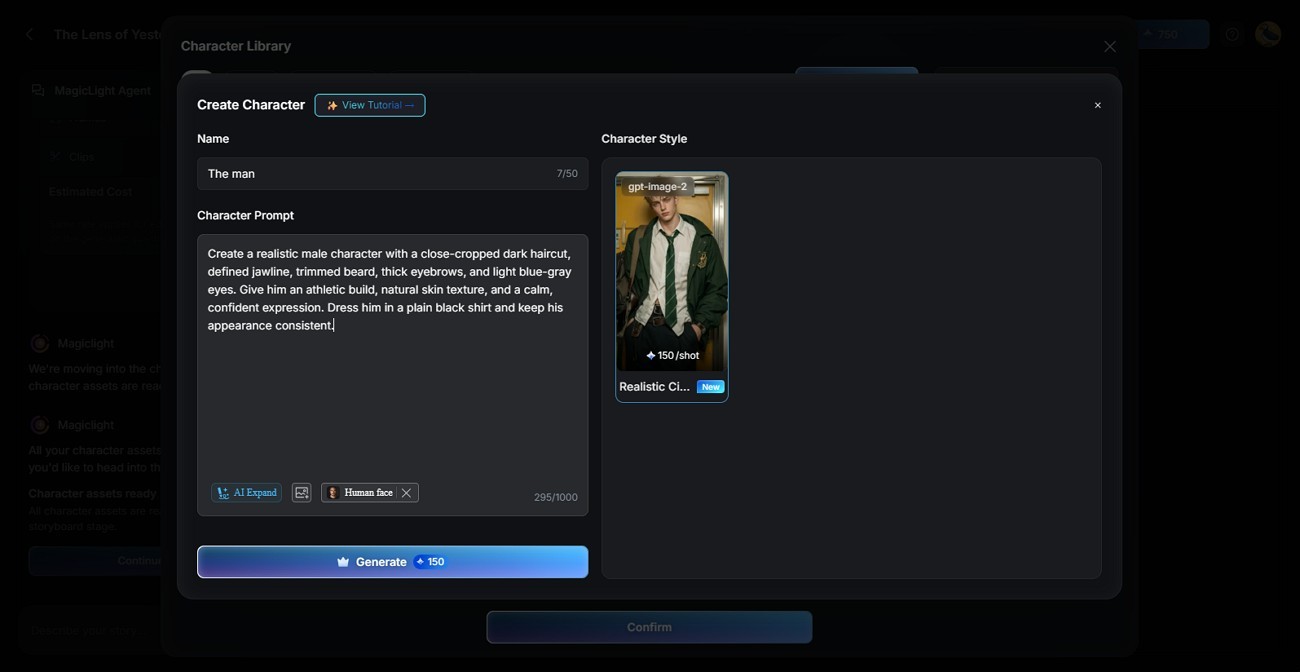 Screenshot of the MagicLight AI character creation interface showing prompt input fields and character style settings.