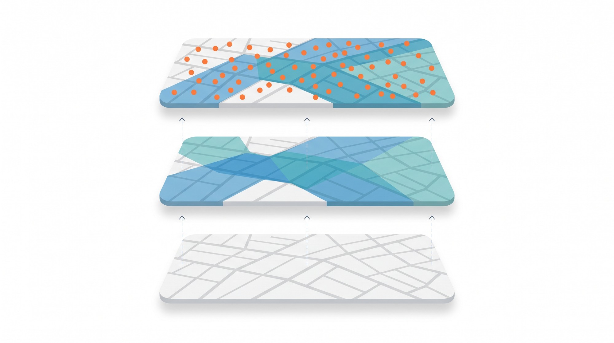 Flat illustration of map data layers stacking, from a street grid to neighborhood polygons to point locations.