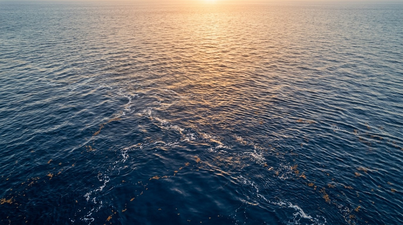 Marine Heatwaves Are Hiding Months of Extra Ocean Warming Aerial view of a warm, glassy ocean surface with sunlight shimmering across deep blue water