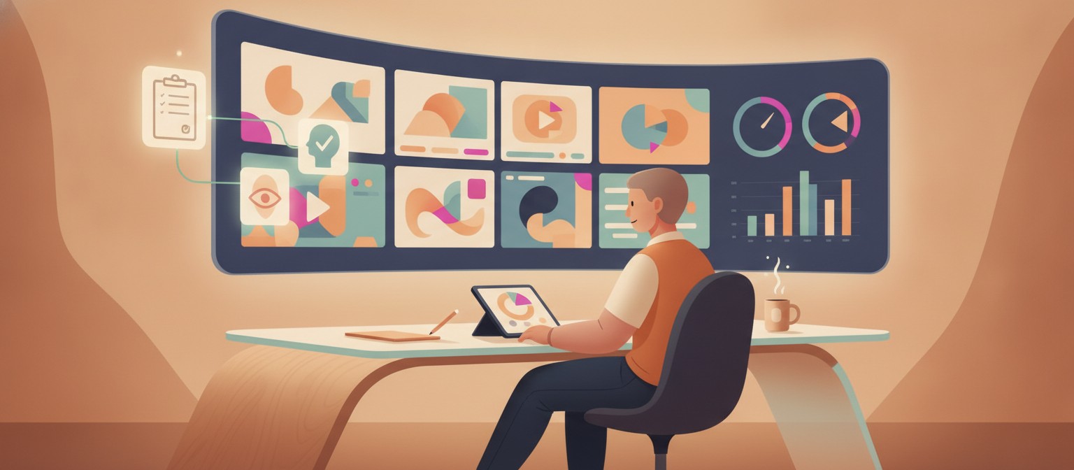 Conceptual illustration of a marketer reviewing AI video ad results before launch