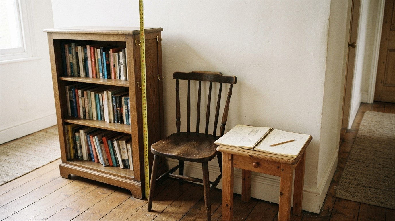 Secondhand oak bookcase, wooden chair and side table against a hallway wall with a tape measure and notebook of measurements.