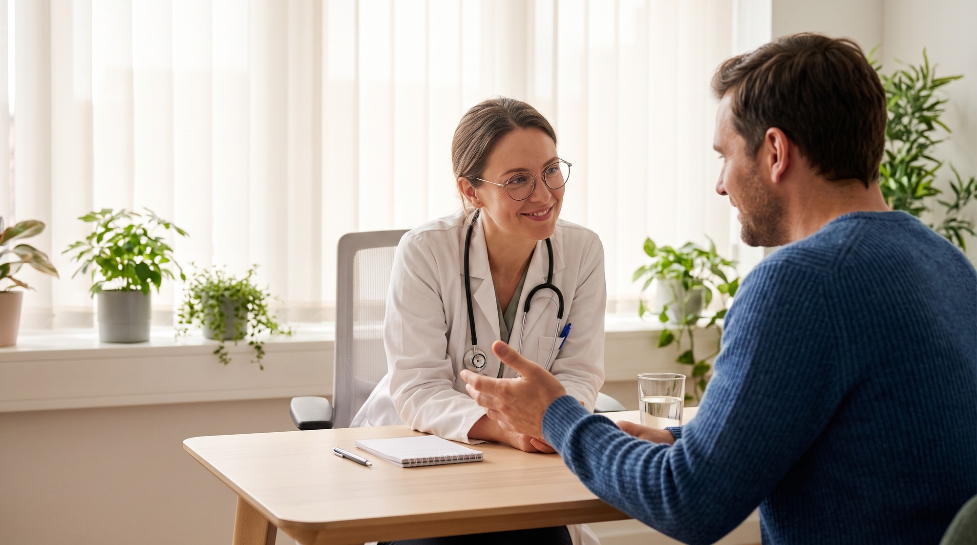 A doctor in a white coat talking with a patient at a desk in a bright clinic consultation room.