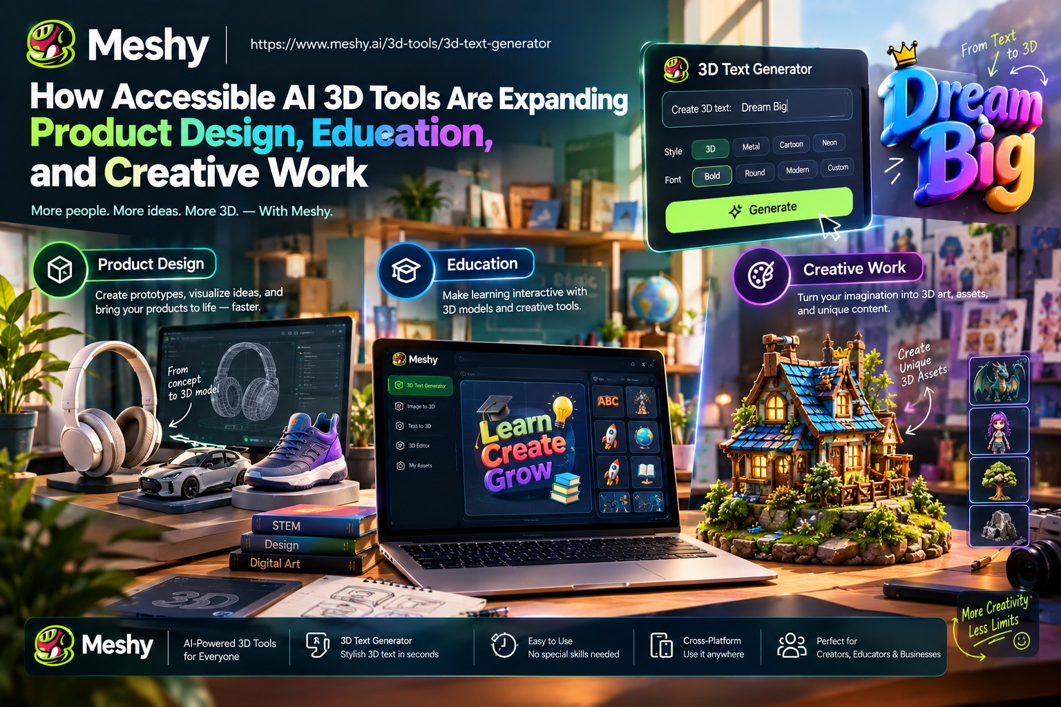 An infographic displaying various Meshy AI 3D tools used for product design, education, and creative work.