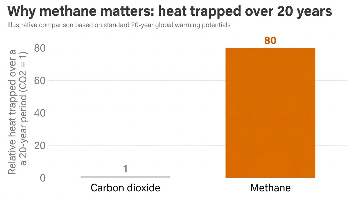 Bar chart comparing the 20-year heat-trapping effect of methane with carbon dioxide
