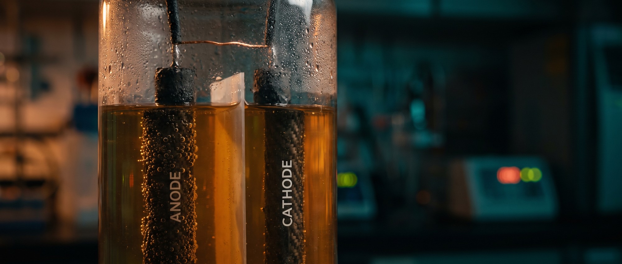 Macro view of a microbial fuel cell with carbon electrodes and a copper wire in a glass vessel of wastewater