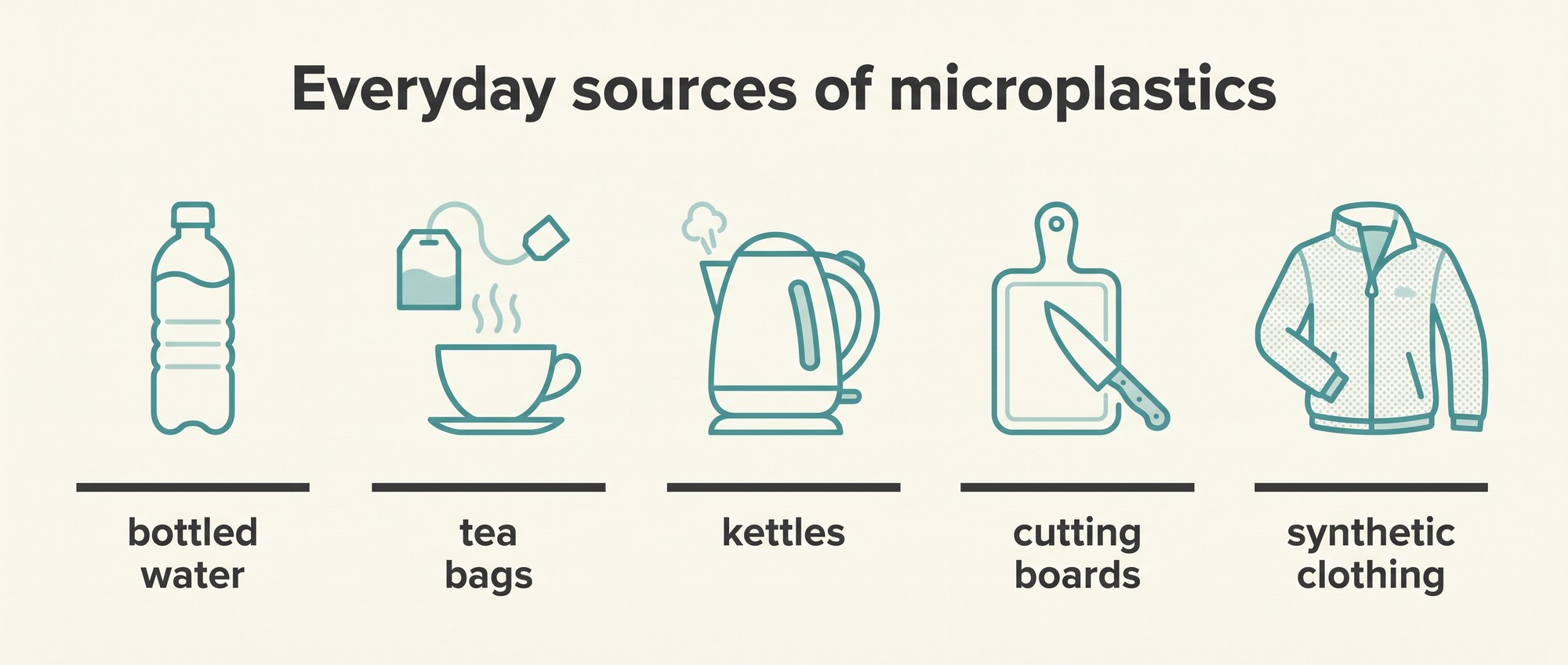 Infographic of five everyday microplastic sources: bottled water, tea bags, kettles, cutting boards and synthetic clothing
