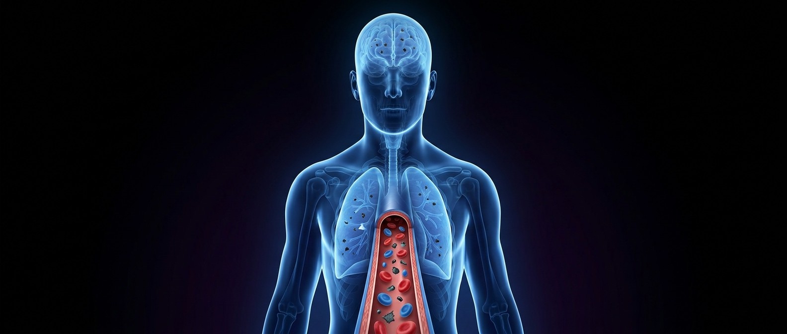 Anatomical illustration of microplastic particles travelling inside the human bloodstream, brain and lungs