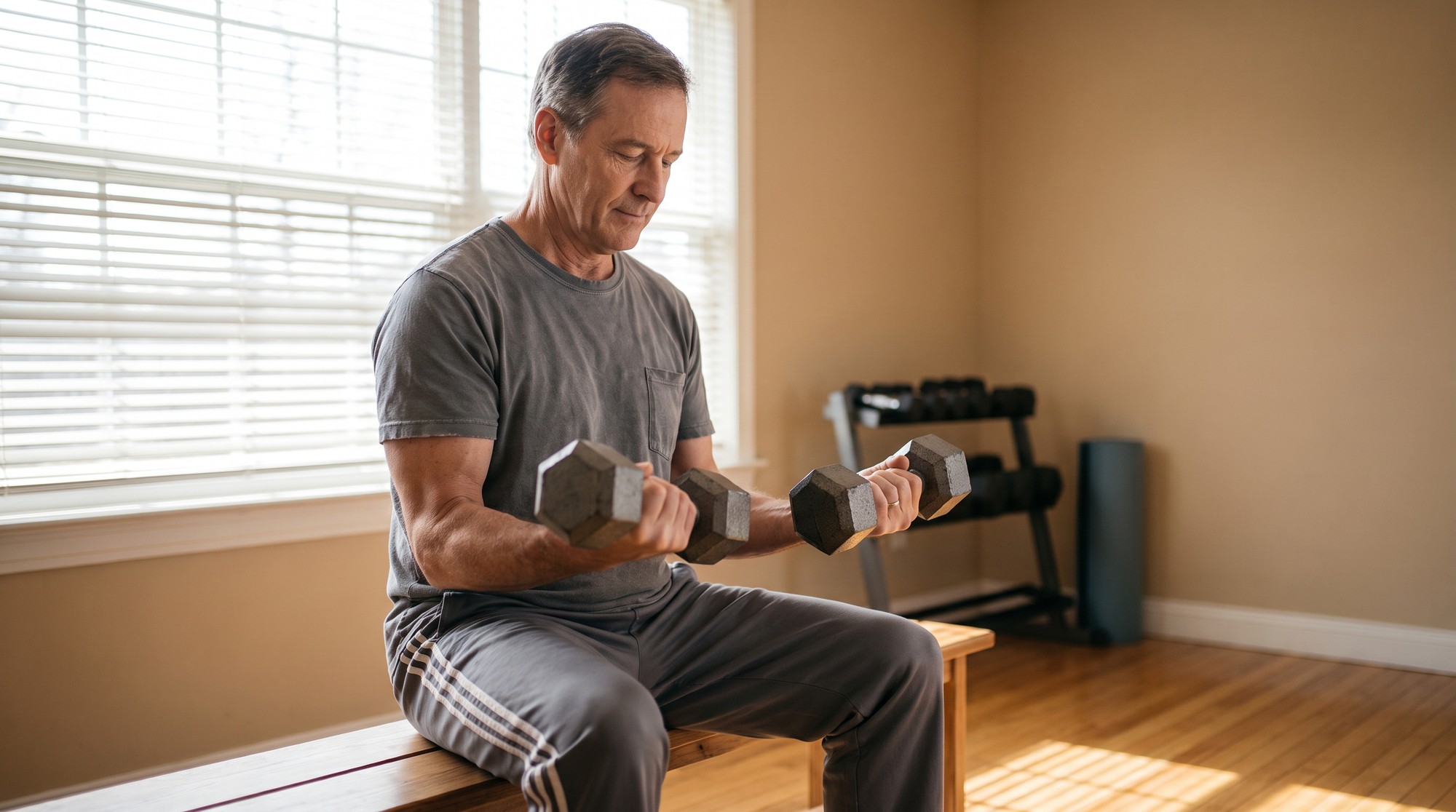A person in their fifties performing a controlled dumbbell exercise in a bright home gym