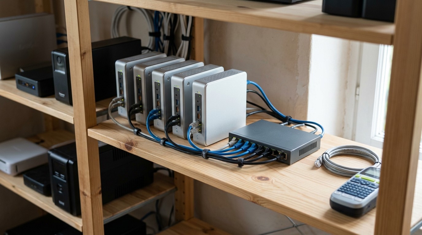 A row of small silver mini computers stacked on a shelf in a home lab, connected by a network switch and neatly routed cables