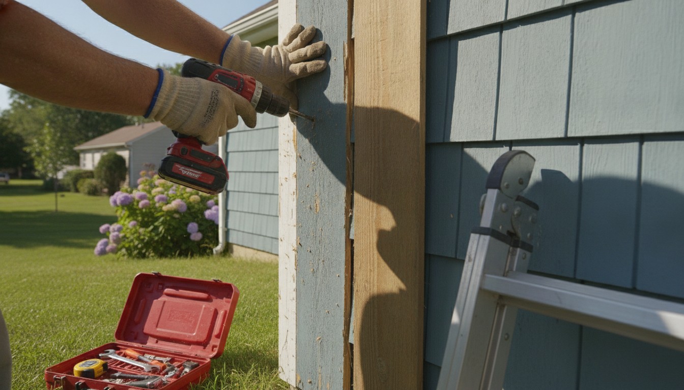 Contractor repairing a small section of cracked house siding on a sunny day