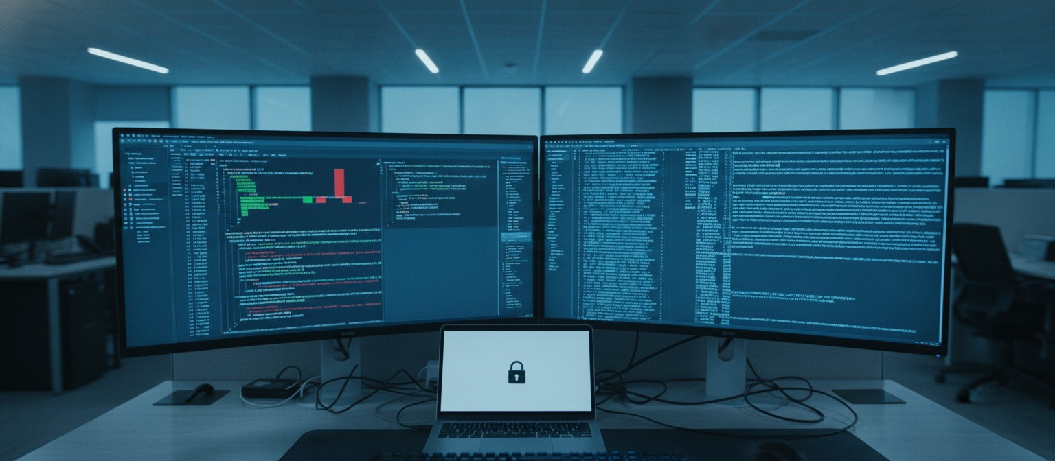 Programmer reviewing AI generated code for cybersecurity vulnerability patching