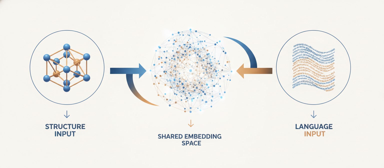 Diagram showing crystal graph encoder and text encoder aligning into a shared embedding space in the CLaC model