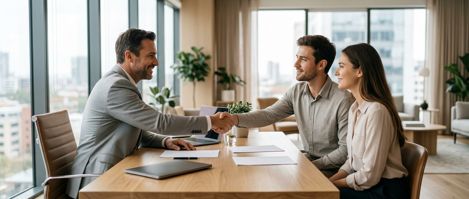 A mortgage loan officer shaking hands with a young couple across a desk in a bright office
