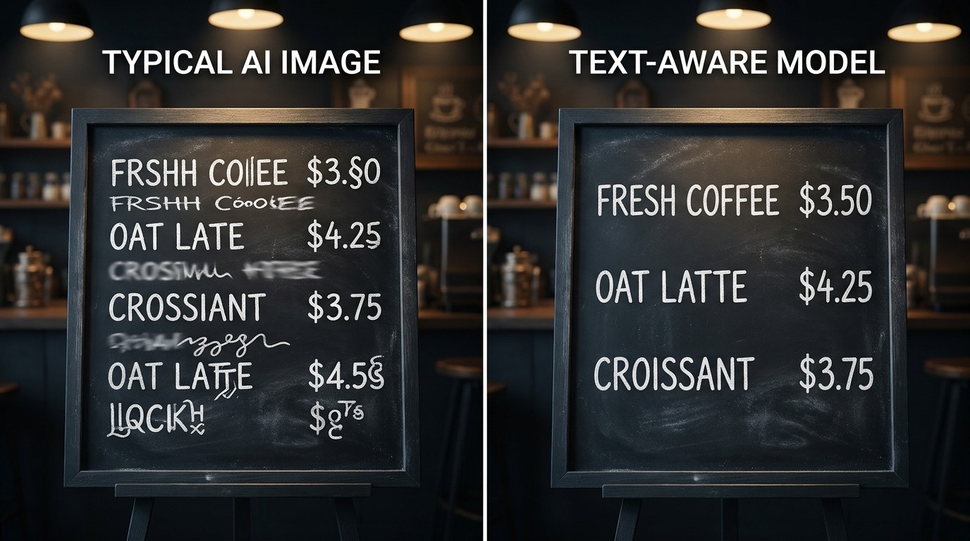 Conceptual illustration comparing garbled pseudo-text on a typical AI image chalkboard menu with crisp legible menu text produced by a text-aware model